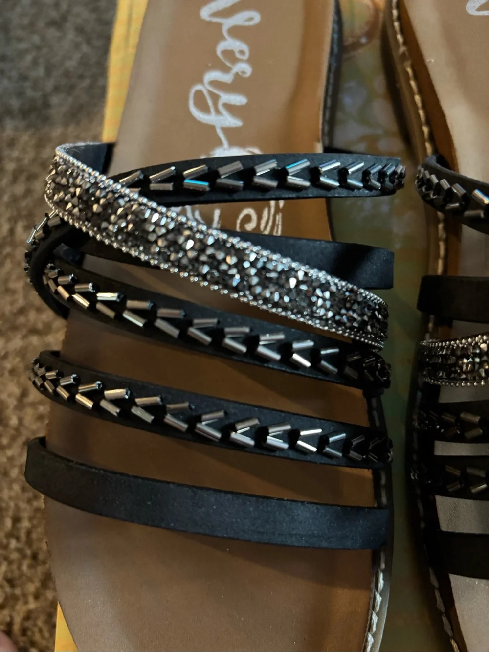 Black Beaded Strappy Slide Sandals - Women 8.5